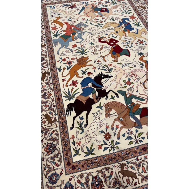 Collectible Persian hunting rug handwoven by the late Ahmad Seirafian.