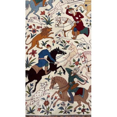 Unique handmade rug featuring the iconic Haj Mosavar hunting scene design.