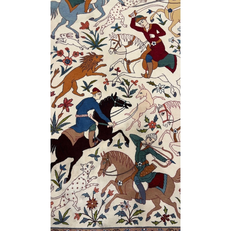 Unique handmade rug featuring the iconic Haj Mosavar hunting scene design.