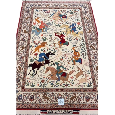 Hand-knotted Persian rug depicting a vibrant hunting scene, crafted by Ahmad Seirafian.
