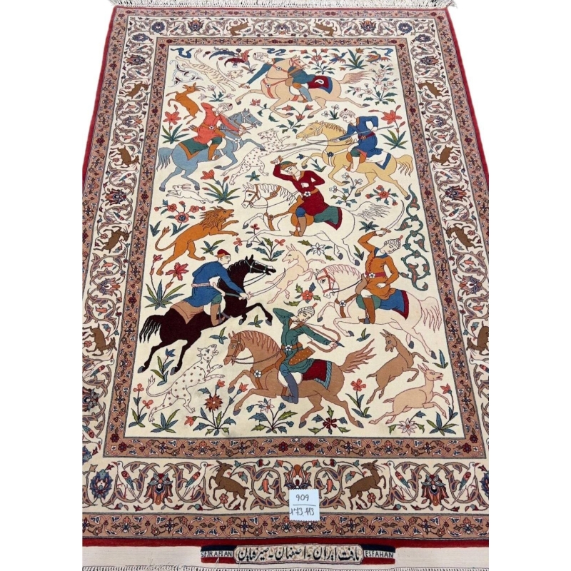 Hand-knotted Persian rug depicting a vibrant hunting scene, crafted by Ahmad Seirafian.