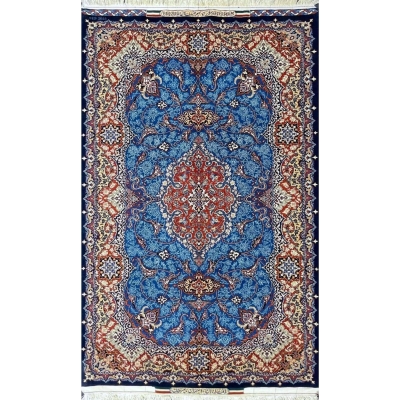 Hand-knotted Persian rug by Farzad Seirafian featuring a royal blue field and red medallions.
