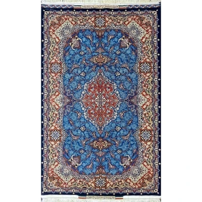 Hand-knotted Persian rug by Farzad Seirafian featuring a royal blue field and red medallions.
