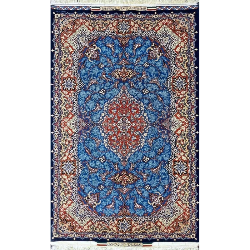 Hand-knotted Persian rug by Farzad Seirafian featuring a royal blue field and red medallions.