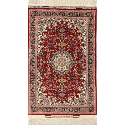 Elegant Seirafian Isfahan rug in red, cream, and navy with intricate medallion design.
