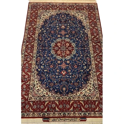 "Vintage hand-knotted Persian rug by Sadegh Seirafian, featuring intricate designs in wool and silk."

