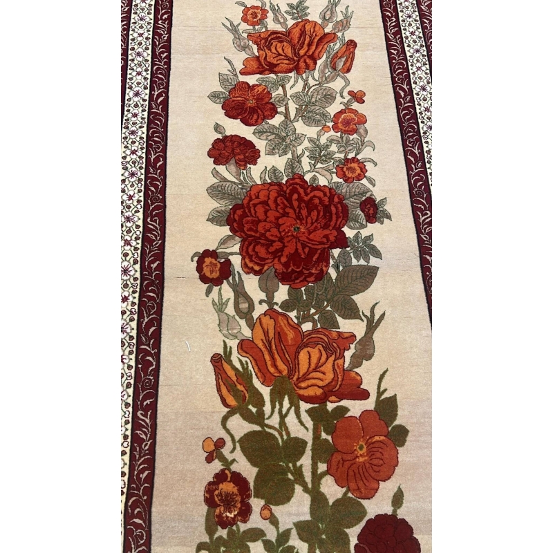 Close-up of the intricate floral patterns on the Seirafian beige runner rug.