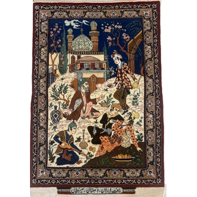 Front view of an authentic small Seirafian Persian pictorial rug, 2 x 3 feet.