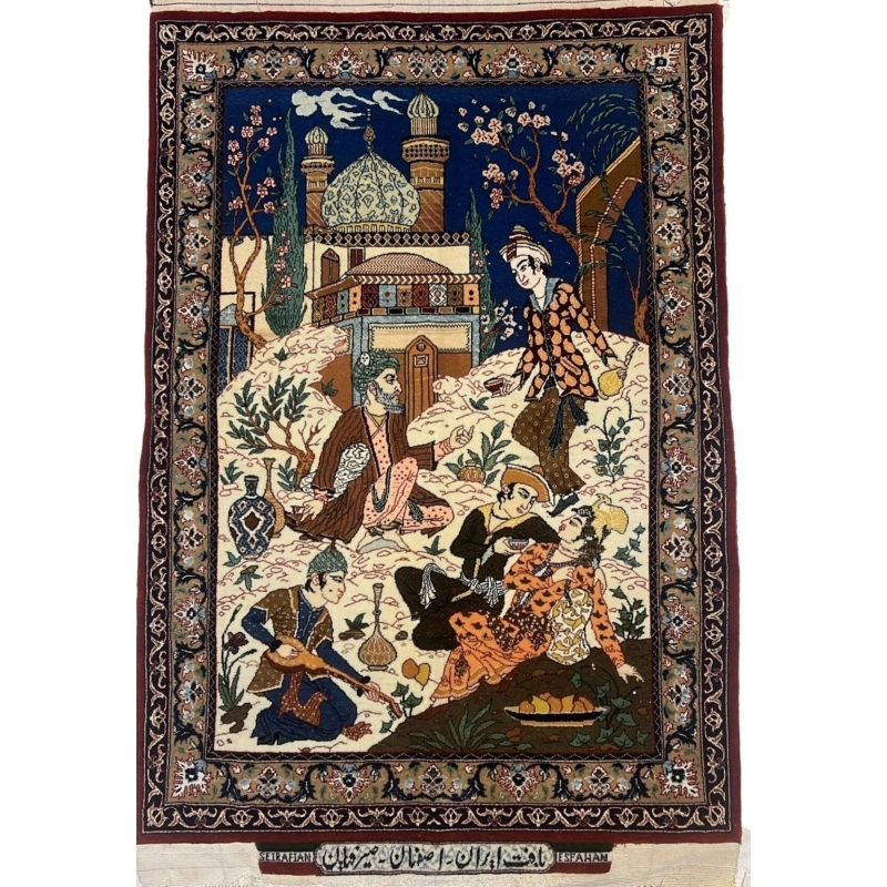 Front view of an authentic small Seirafian Persian pictorial rug, 2 x 3 feet.