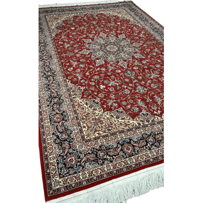 "Isfahan Persian rug, 10.5 x 7 feet, made by Master Bagher Seirafian with silk warp and intricate wool-silk blend pile, handcrafted in Iran."