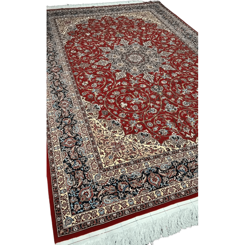 "Isfahan Persian rug, 10.5 x 7 feet, made by Master Bagher Seirafian with silk warp and intricate wool-silk blend pile, handcrafted in Iran."