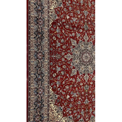 "Master Bagher Seirafian Isfahan rug, featuring a knot density of 1,210,000 knots per m², handmade with wool and silk, 320 x 215 cm."