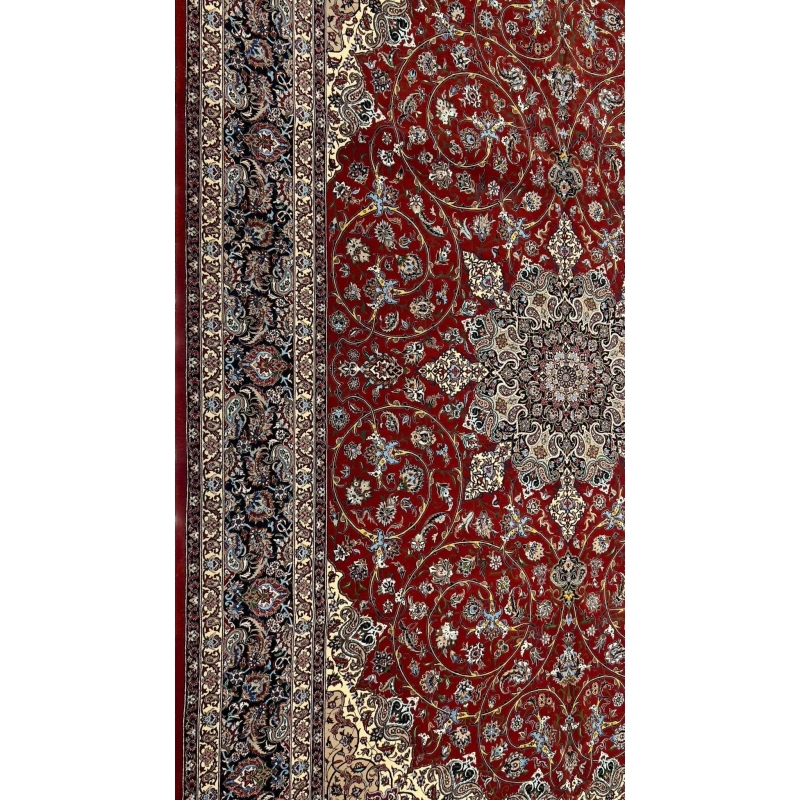 "Master Bagher Seirafian Isfahan rug, featuring a knot density of 1,210,000 knots per m², handmade with wool and silk, 320 x 215 cm."