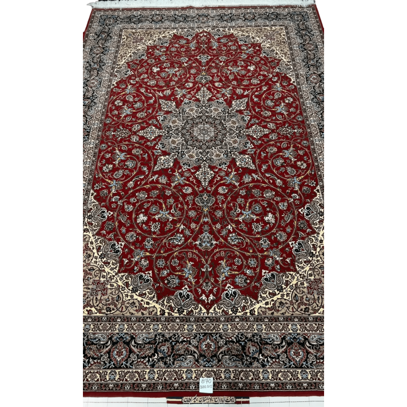 "Hand-knotted Isfahan rug by Master Bagher Seirafian, size 320 x 215 cm, featuring silk and wool pile with 1,210,000 knots per m², new condition."