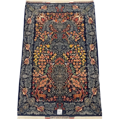 Hand-knotted Seirafian rug featuring deer, florals, and birds in a vibrant design.