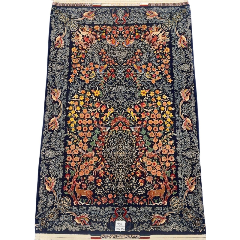 Hand-knotted Seirafian rug featuring deer, florals, and birds in a vibrant design.