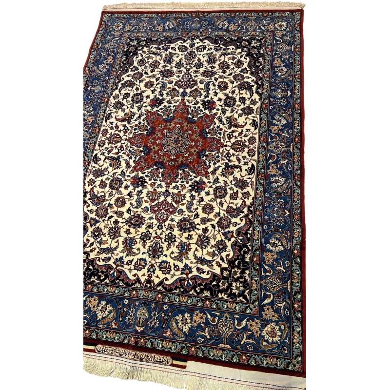 "Isfahan Seirafian rug by Master Ahmad Seirafian, showcasing detailed craftsmanship with wool and silk pile."