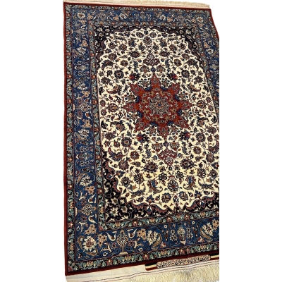 "Luxurious Ahmad Seirafian Persian rug with floral and medallion patterns, hand-knotted using natural dyes."