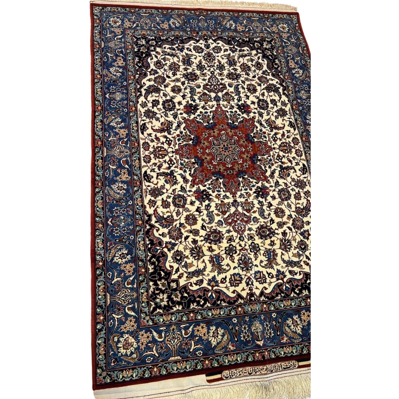 "Luxurious Ahmad Seirafian Persian rug with floral and medallion patterns, hand-knotted using natural dyes."