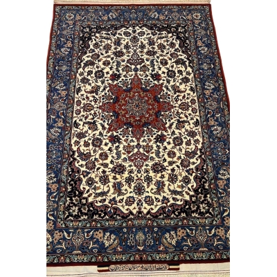 "Intricately handwoven Seirafian Persian rug with wool and silk blend, featuring a stunning medallion design."


