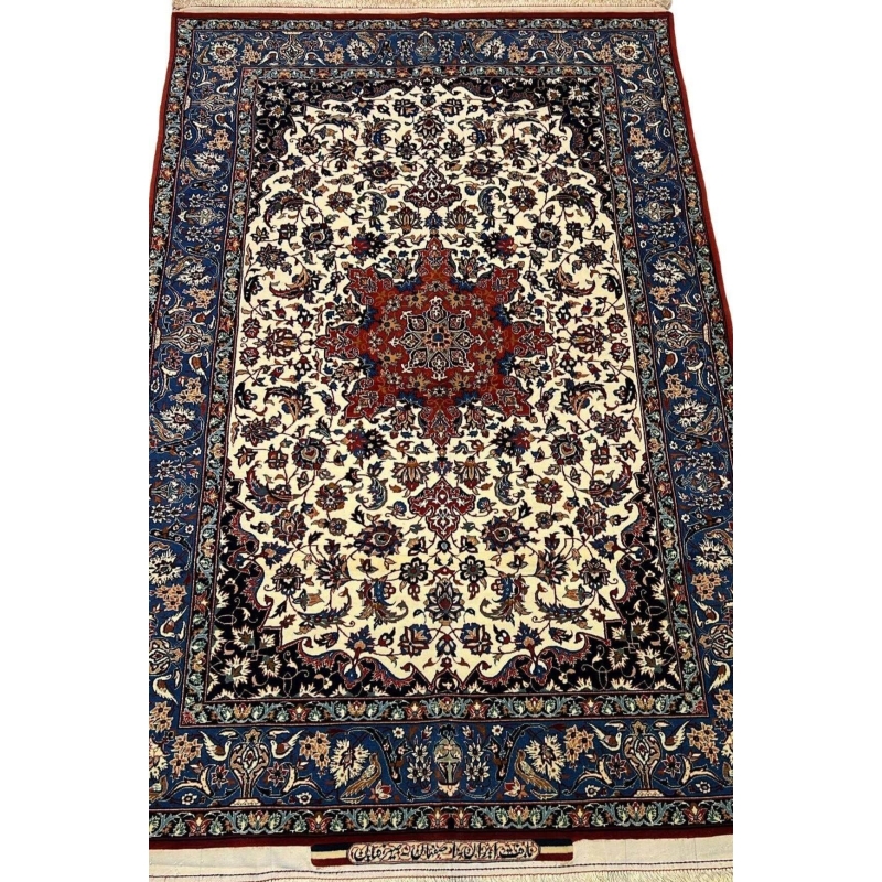 "Intricately handwoven Seirafian Persian rug with wool and silk blend, featuring a stunning medallion design."