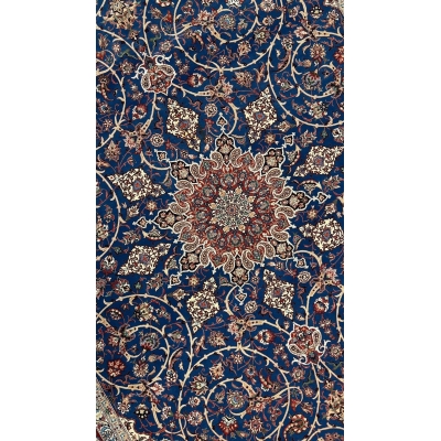 "Close-up of the intricate medallion design on a handwoven silk and wool Persian rug."