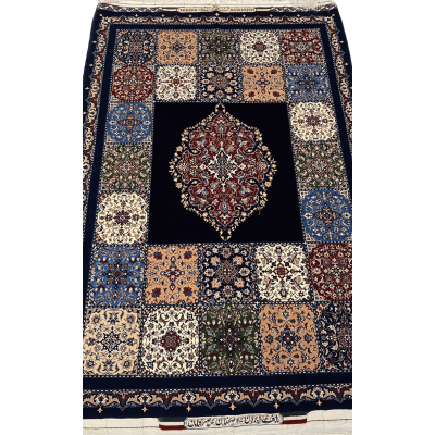 "Hand-knotted Farzad Seirafian Persian rug with central medallion and floral motifs, made from silk and wool, measuring 5x3.5 feet, crafted in Isfahan."

