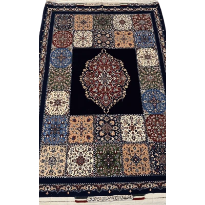 "Hand-knotted Farzad Seirafian Persian rug with central medallion and floral motifs, made from silk and wool, measuring 5x3.5 feet, crafted in Isfahan."
