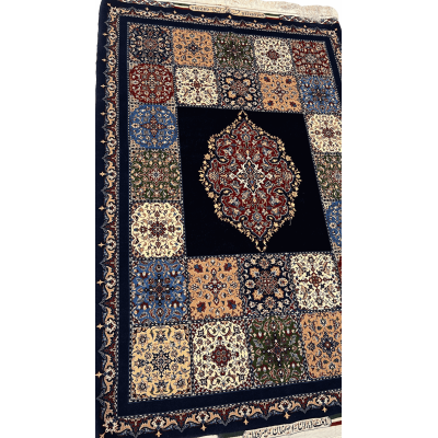 "Close-up of the intricate floral and geometric patterns on a Farzad Seirafian Persian rug, highlighting the fine knotting and vibrant colors."