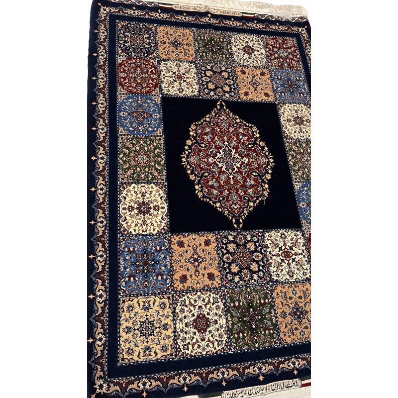 "Close-up of the intricate floral and geometric patterns on a Farzad Seirafian Persian rug, highlighting the fine knotting and vibrant colors."