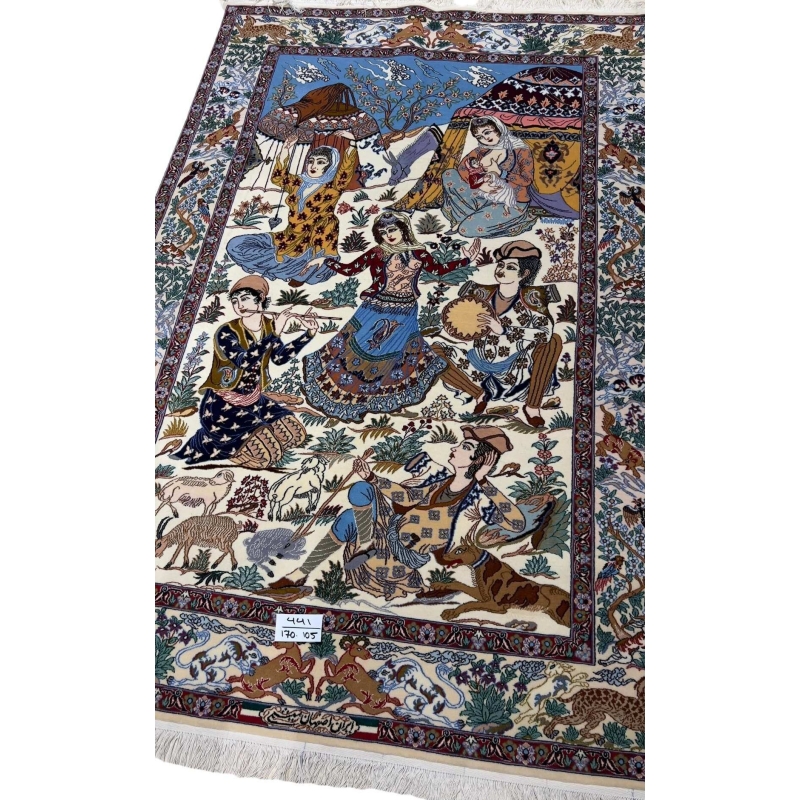 "Luxurious Persian rug handcrafted in Isfahan, 175 cm x 105 cm, made from fine wool and silk, offering intricate designs and high knot density for an elegant touch to your space."
