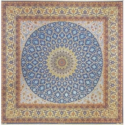 "Square silk and wool rug with intricate dome design in blue and gold from Isfahan."

