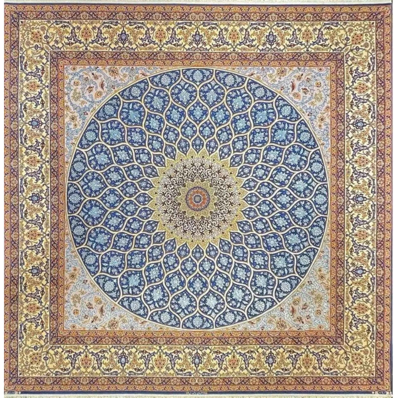 "Square silk and wool rug with intricate dome design in blue and gold from Isfahan."