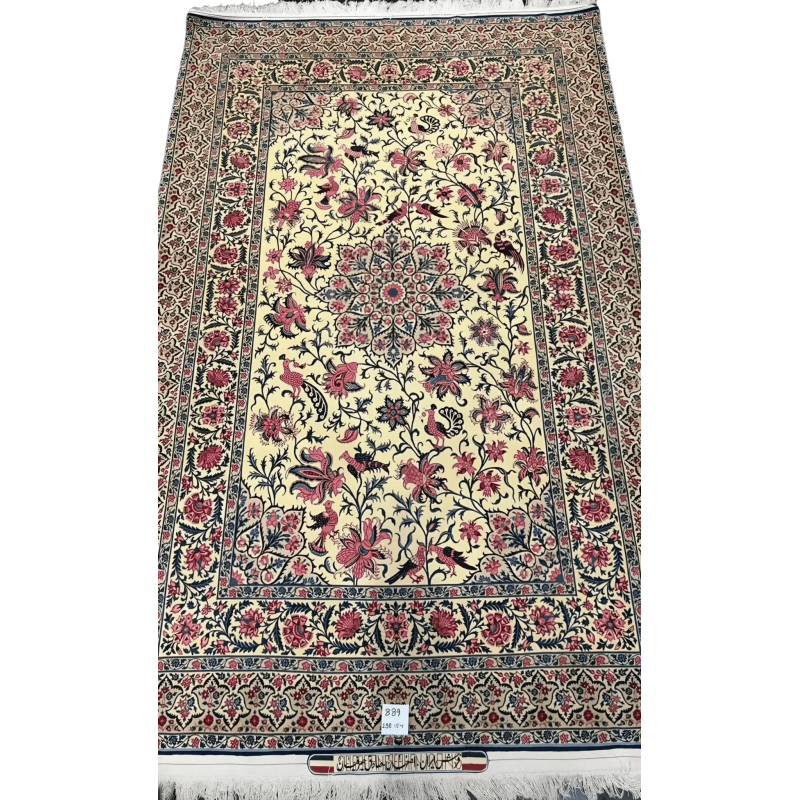 Wide-angle shot of a distinctive large rug by Sadegh Seirafian featuring floral artwork