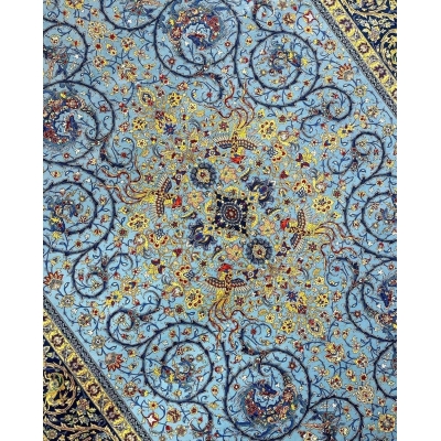 Hand-knotted blue Persian rug from Isfahan, made of wool and silk