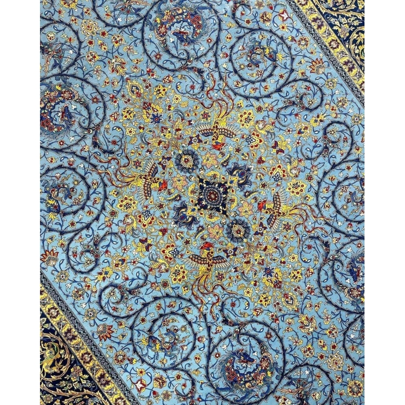 Hand-knotted blue Persian rug from Isfahan, made of wool and silk