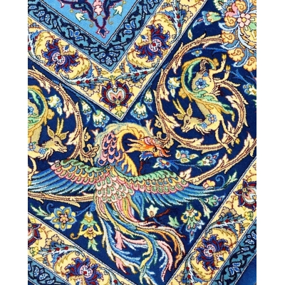 Close-up of wool and silk floral patterns on blue Persian rug