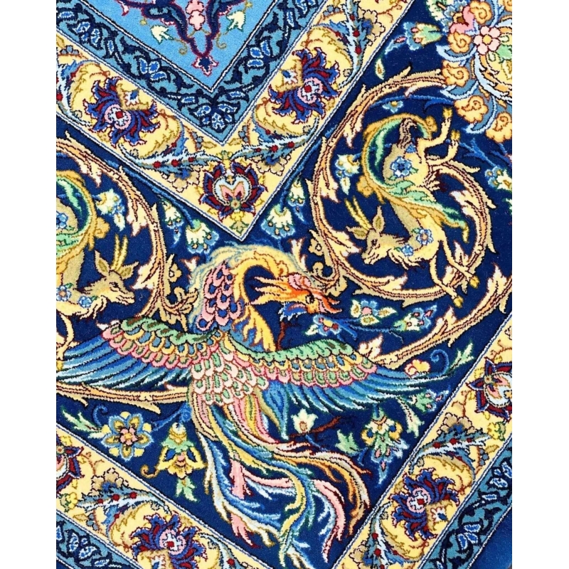Close-up of wool and silk floral patterns on blue Persian rug