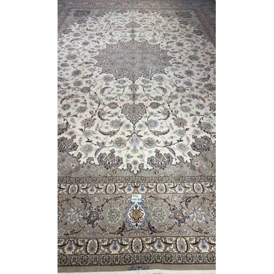 "Handmade Persian Rug 430 x 303 cm - Luxury Isfahan Rug with 1,000,000 knots/m². Hand-knotted from silk and wool, perfect for adding timeless beauty to any room."