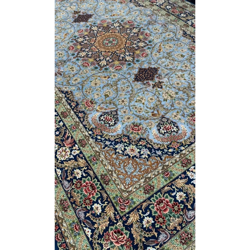 Sophisticated oriental rug in light blue with green and red accents enhancing home decor