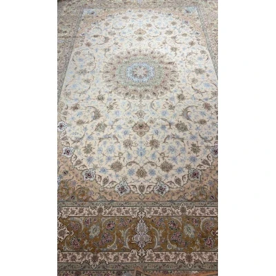 "Handcrafted Cream and Gold Persian Rug for large living room by artisan Habib from Isfahan, Iran."
