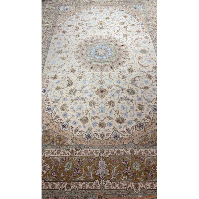 "Handcrafted Cream and Gold Persian Rug for large living room by artisan Habib from Isfahan, Iran."