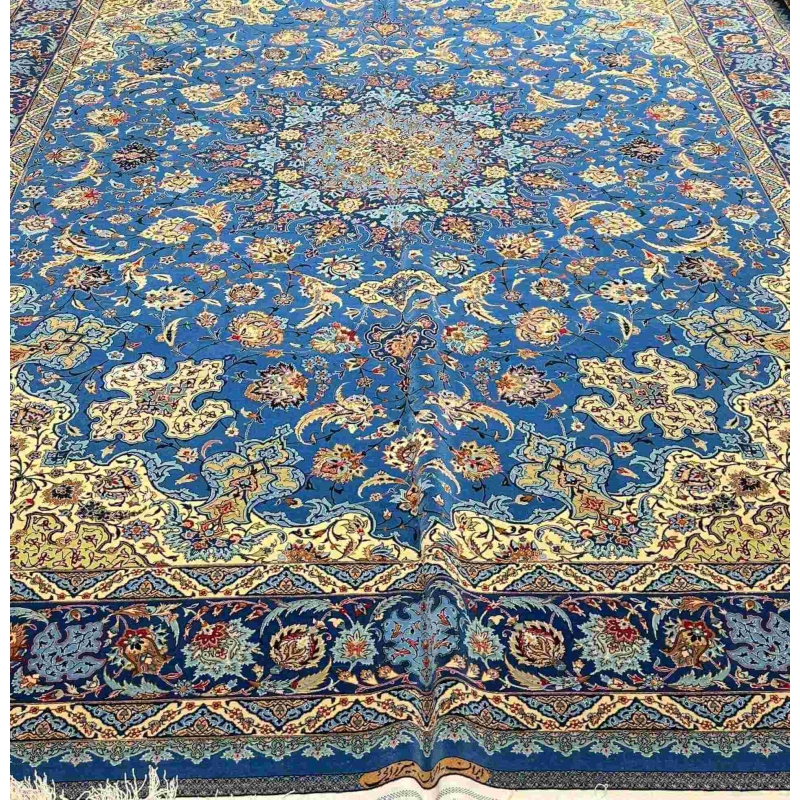 Luxury Handmade Persian Silk Rug – This 9x12 ft Persian Qum silk rug, hand-knotted by skilled artisans in Isfahan, offers timeless beauty and superior craftsmanship.