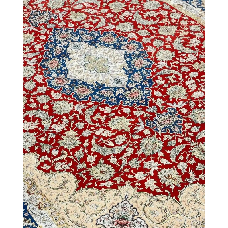 "Intricate Red Persian Rug with Silk and Wool Blend, Hand-knotted in Isfahan, Iran"