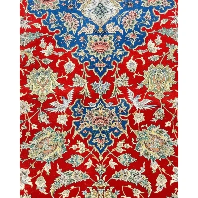 "Persian Wool and Silk Rug with Floral Motifs, 11.5 x 8.2 feet, Isfahan Craftsmanship"