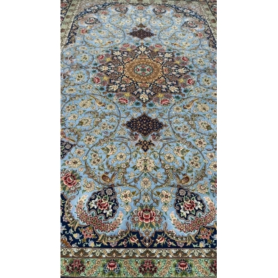 Luxurious light blue silk floor carpet with oriental design elements