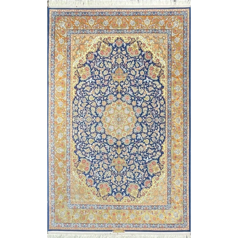 "Luxurious handmade blue Persian rug from Isfahan, Iran, crafted with silk and wool."