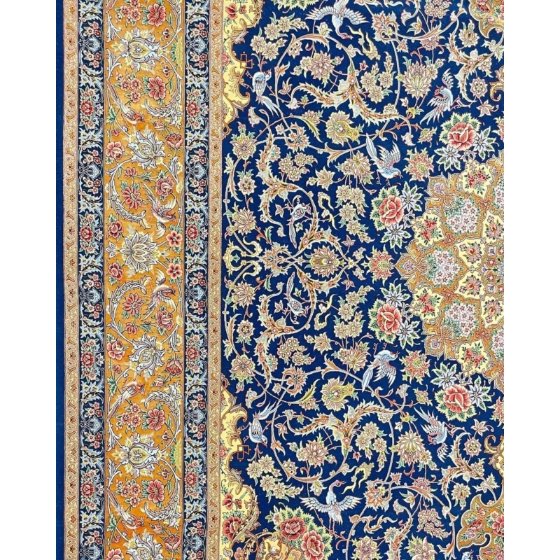 "Exclusive blue Persian rug for sale, 350 cm x 250 cm, featuring a stunning silk and wool blend."