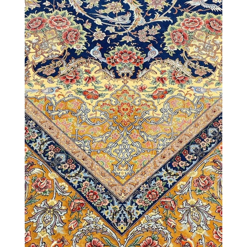 "High-quality blue and red Persian rug, handmade in Isfahan with 810,000 knots per square meter."