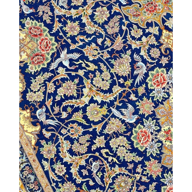 "Beautiful blue Persian rug for luxury living spaces, hand-knotted with silk and wool details."
